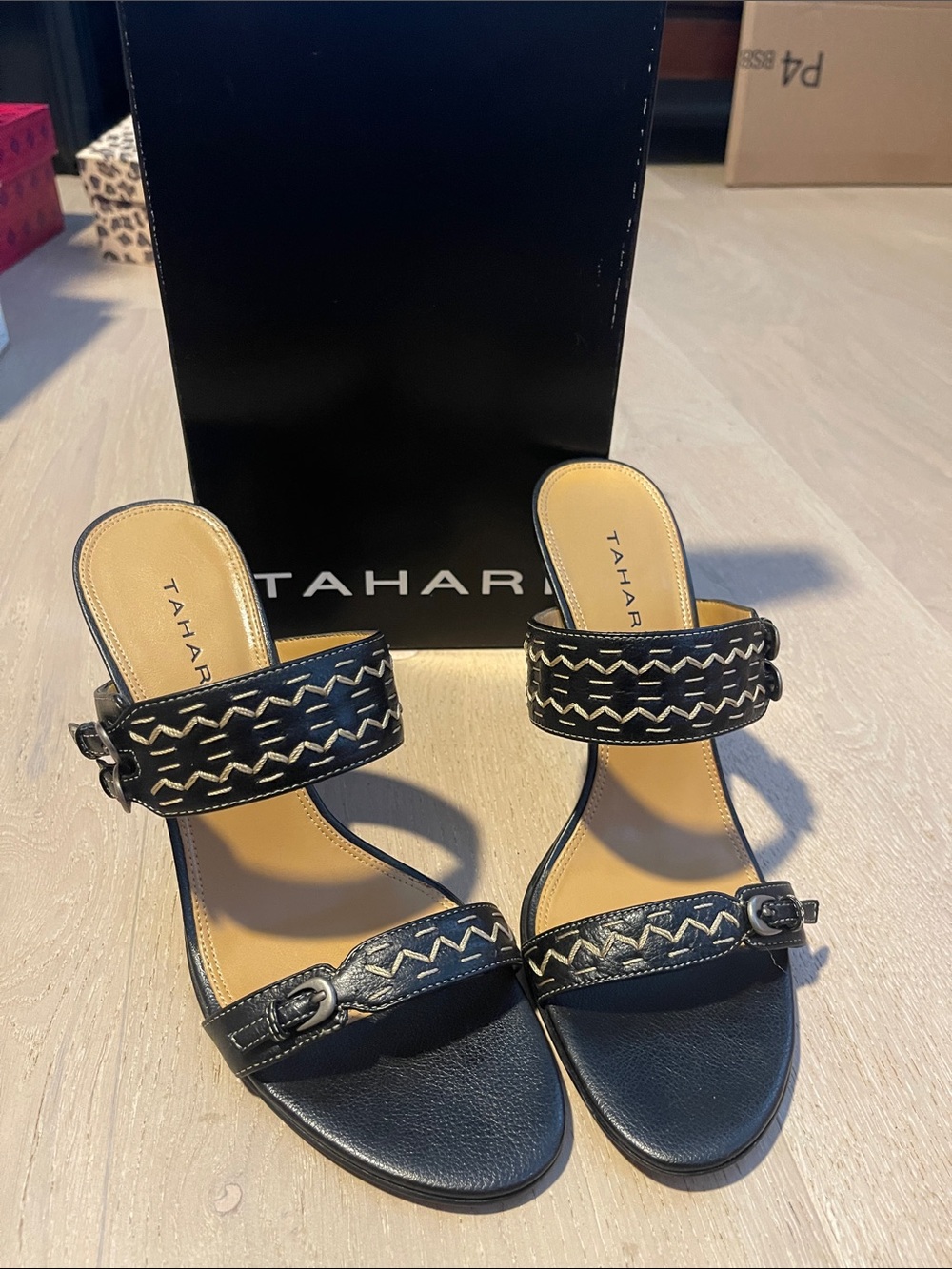 Tahari Cosmos Black Whipstitch Heel Sandals Size 10 EUC